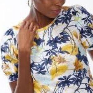 Chico’s Tropical Blue Yellow White Floral Puff Sleeve Slub Tee size XL